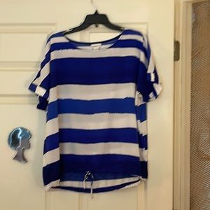 Women's Large Liz Claiborne Blue White Striped Scoop Neck Short Sleeve Blouse
